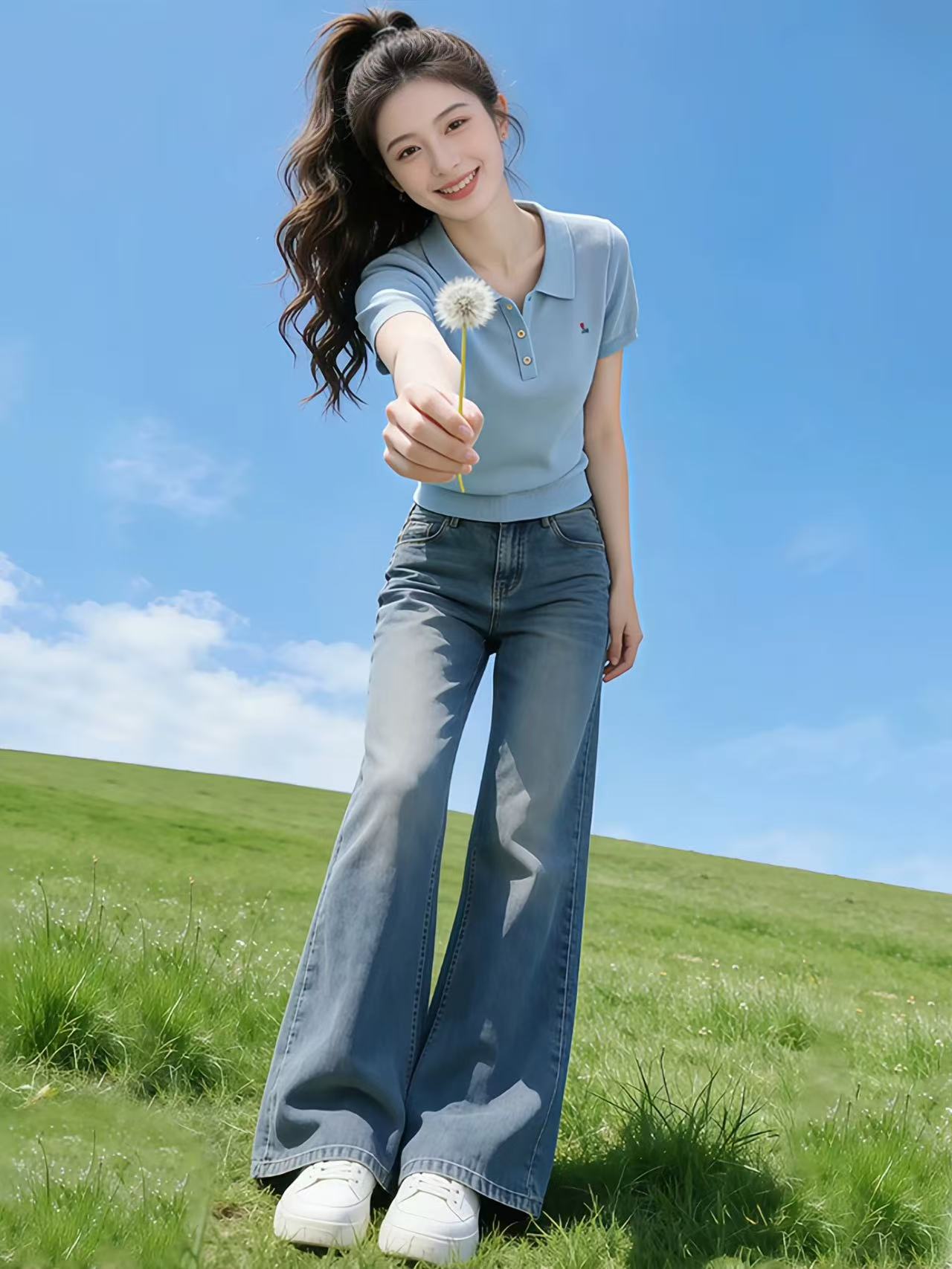 하늘색 POLO 칼라 니트 자수 반팔 티셔츠 여성 2026 새로운 여름 도파민 착용 가져 가라. 품격 맨위