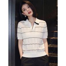 批发2026春季新款轻熟优雅风镂空条纹POLO领<b class='q'>针织</b>短袖T恤女士百搭气质