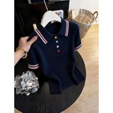 批发学院风藏青色Polo针织短袖T恤女2026新款夏季韩系漂亮设计感上衣