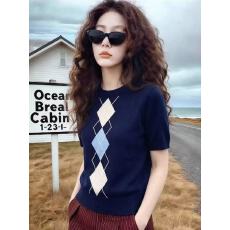 批发韩系圆领学院风菱格纹短袖针织衫2026夏季新款气质高级感正肩上衣