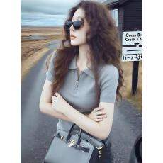 批发独特漂亮灰色Polo领针织短袖女2026新款夏季设计感针织衫韩系上衣