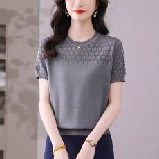 批发冰丝镂空短袖t恤女装妈妈夏季新款宽松减龄薄款半袖桑蚕丝针织衫