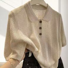 批发高级感燕麦色Polo领正肩针织冰丝短袖t恤女夏宽松单穿好看的上衣