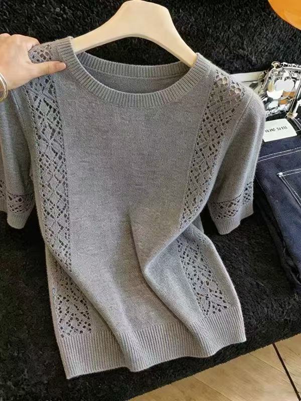 레트로 스타일 라운드 넥 홀로우 아웃 반팔 니트 스웨터 여성 2026 여름 새로운 회색 풀오버 슬림해 보이는 외국 가스 맨위 서비스