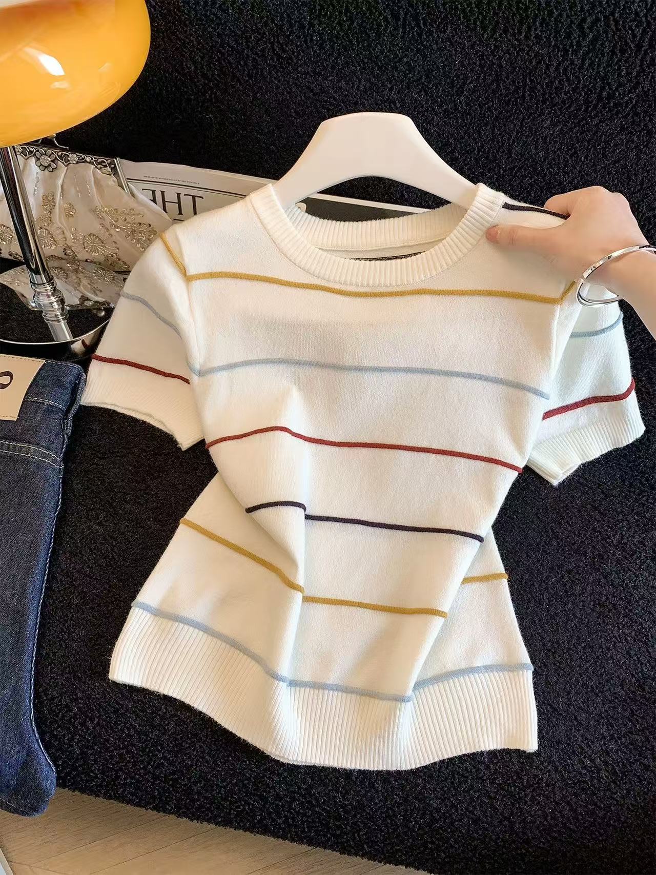 살구 색상 달콤함 스트라이프 얼음 실크 니트 티셔츠 여성 2026 여름 새로운 작은 키 몸매 가꾸기 슬림해 보이는 반팔 맨위