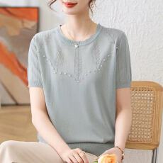 批发年轻妈妈夏装冰丝短袖t恤时尚减龄中年女士洋气针织小衫薄款<b class='q'>上衣</b>