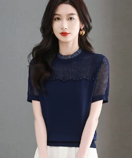 얼음 실크 반팔 티셔츠 여성 여름 2026 새로운 폭발 뽕나무 누에 실크 니트 스웨터 고급 브랜드 동정 맨위