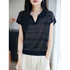 批发法式轻熟风条纹POLO领小飞袖T恤女2026夏薄显瘦针织短袖t恤衫上衣
