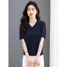 批发冰丝V领短袖t恤女士夏季2026新款爆款桑蚕真丝针织衫高端品牌上衣