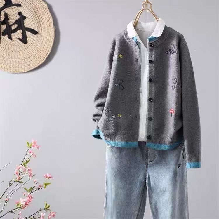 문예 자수 라운드 넥 니트 오픈 가디건 여성 봄 가을 새로운 패션 외국 가스 다용도 연령 감소 싱글 줄 버튼 스웨터 코트