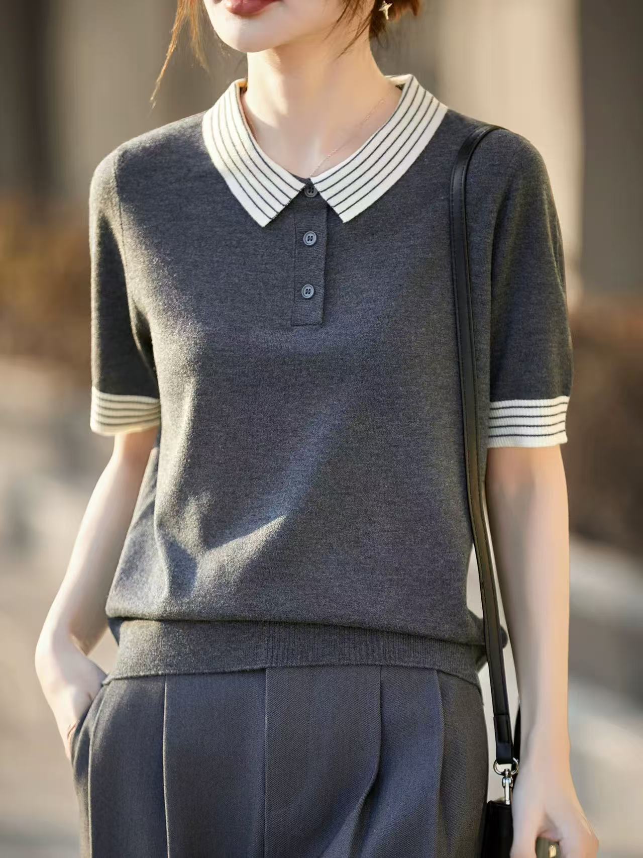 배색 POLO 칼라 반팔 약화 된 양모 니트 스웨터 여성 봄 여름 페이크 레이어드 다용도 기본 셔츠 스트라이프 맨위