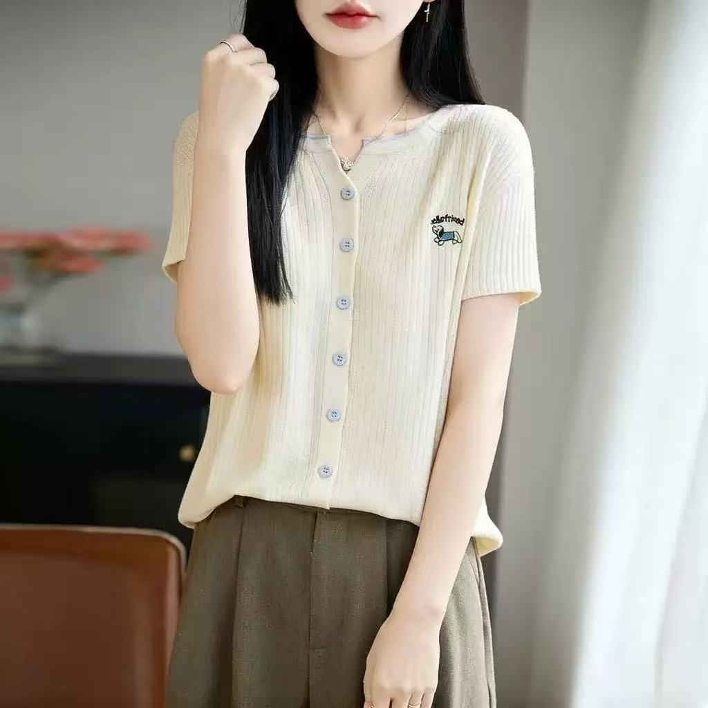배색 자수 반팔 니트 오픈 가디건 여성 여름 새로운 얇은 스타일 루즈핏 통기성 반소매 맨위 티셔츠 작은 셔츠