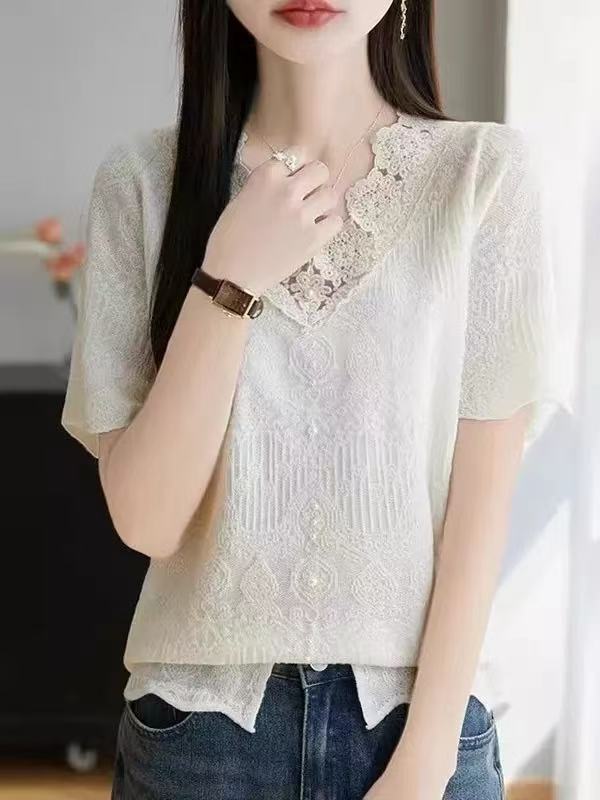 여름 드레스 프랑스식 얇은 스타일 V넥 레이스 레이스 니트 반팔 자카드 맨위 여성 루즈핏 다용도 풀오버 만나는 티셔츠