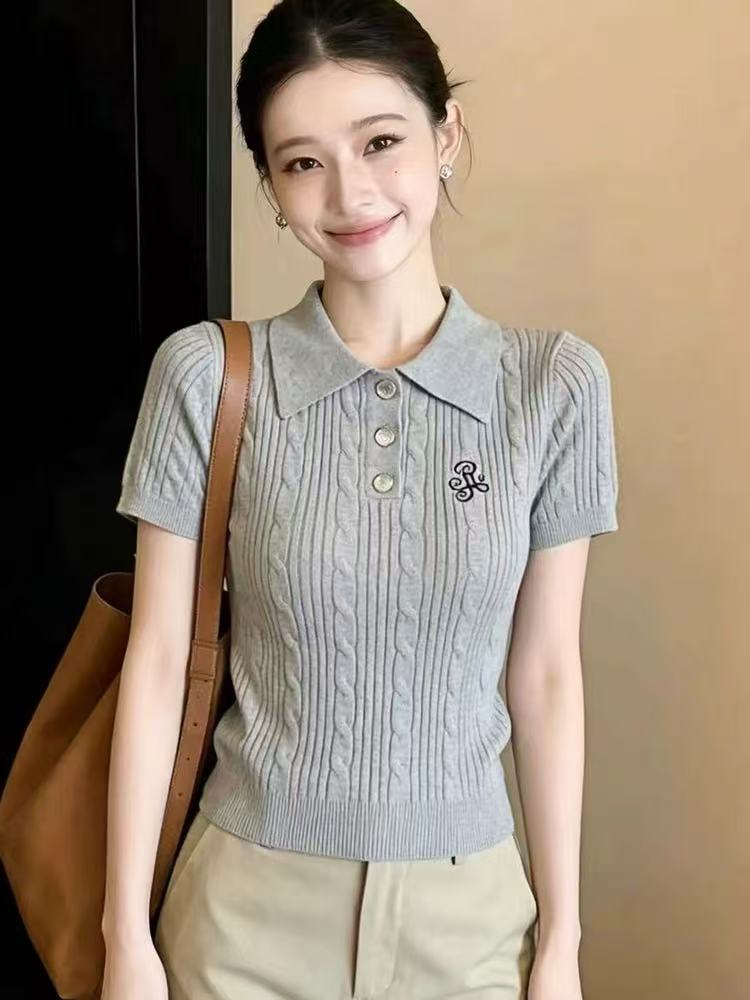 한 부서 회색 폴로 칼라 polo 니트 반팔 티셔츠 여성 여름 디자인 센스 작은 대중 품격 쇼트 스타일 긍정적 인 어깨 작은 맨위