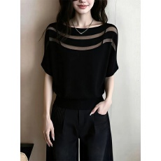 批发高级感时尚细闪设计感冰丝短袖针织衫女<b class='q'>夏</b>季新款独特镂空薄款上衣