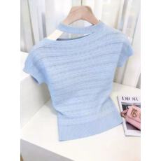 批发短袖针织衫女2026<b class='q'>夏</b>季新款通勤风圆领套头显瘦蓝色气质减龄上衣服