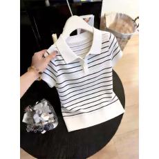 批发今年<b class='q'>夏</b>季新款法式条纹POLO领短袖针织T恤修身显瘦设计感女装上衣