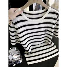 批发遮肚条纹镂空冰丝短袖针织衫女<b class='q'>夏</b>季薄款潮流T恤宽松减龄上衣