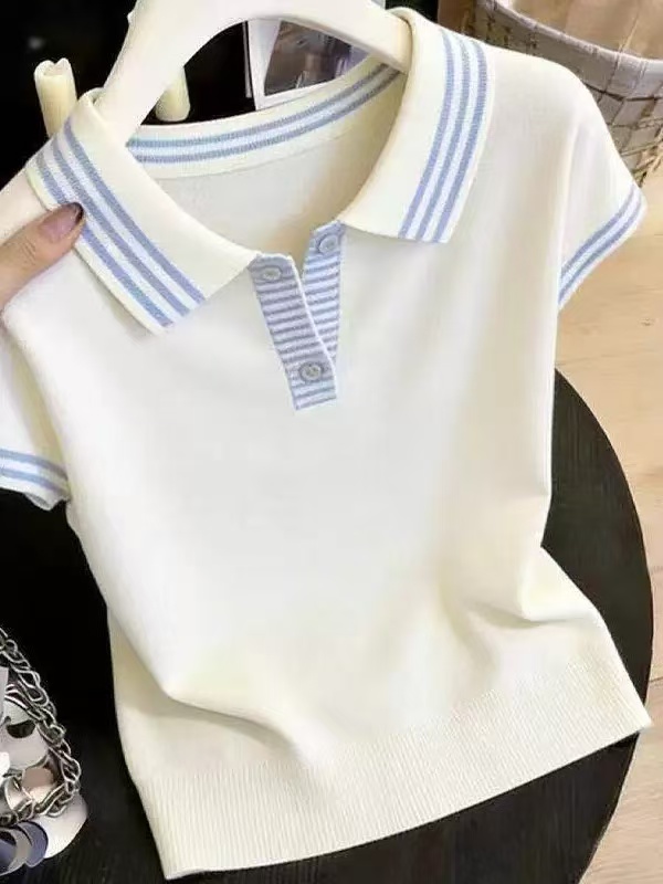 학원 스타일 POLO 셔츠 폴로 칼라 반팔 니트 스웨터 여성 여름 2026 새로운 패션 캐주얼 슬림해 보이는 긍정적 인 어깨 의류