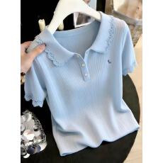 批发韩系蕾丝拼接短袖针织衫女2026新款夏季蓝色温柔减龄高级感上衣女