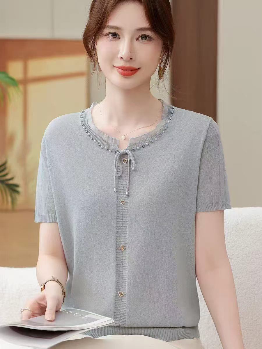 뽕나무 누에 실크 라운드 넥 비즈 박기 반팔 티셔츠 여성 여름 새로운 얼음 실크 니트 스웨터 어머니 드레스 루즈핏 얇은 스타일 맨위