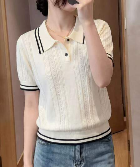 한 부서 연령 감소 화이트 POLO 칼라 반팔 티셔츠 니트 스웨터 여성 2026 여름 새로운 자이언트 잘 생긴 슬림해 보이는 맨위