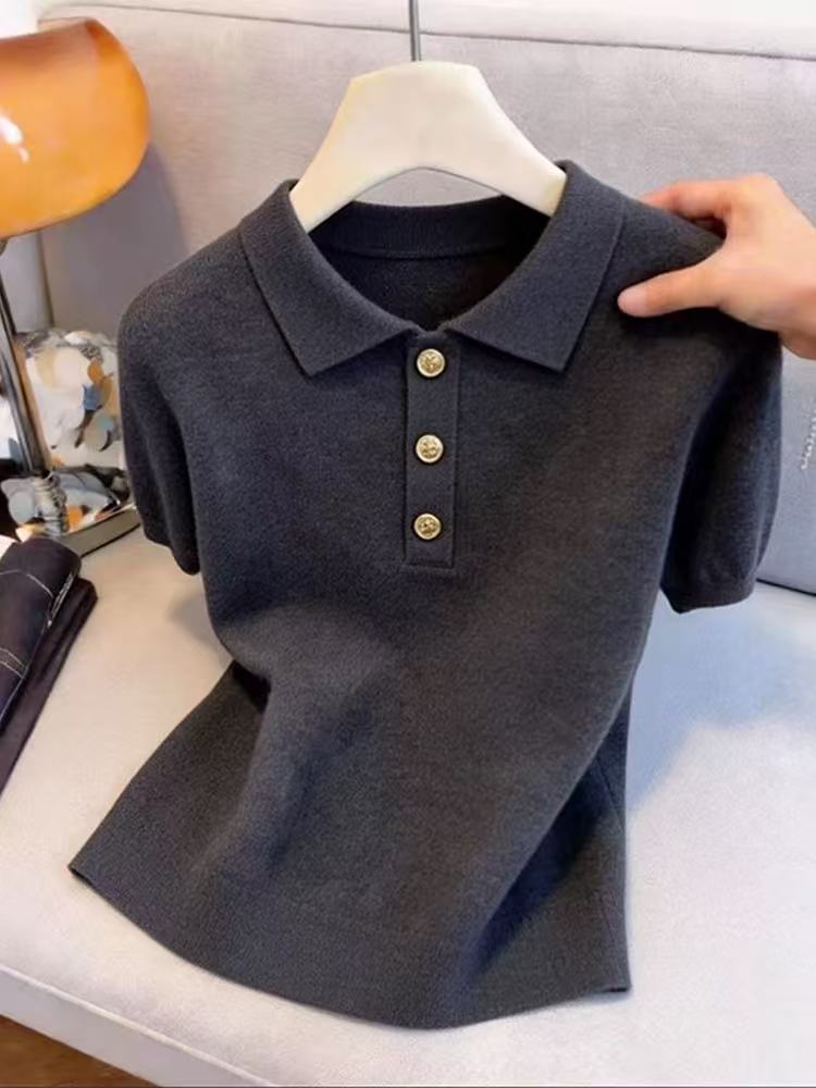 빛 요리 한 바람 POLO 칼라 반팔 니트 스웨터 여성 여름 새로운 품격 출퇴근 단추 폴로 칼라 작은 샤넬 스타일 맨위 여성