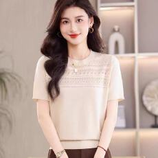 批发2026夏季冰丝短袖t恤女新款时尚圆领大码<b class='q'>妈妈装</b>宽松显瘦针织上衣