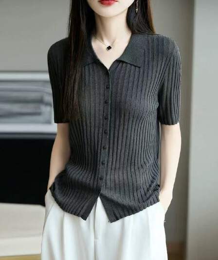 프랑스식 POLO 칼라 반팔 티셔츠 여성 얼음 마 니트 반소매 오픈 가디건 맨위 2026 새로운 얇고 가벼운 폴로 칼라 티셔츠