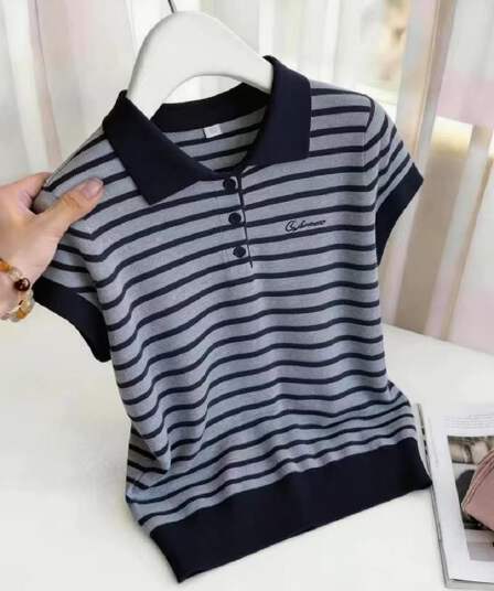 한 부서 연령 감소 POLO 칼라 스트라이프 반팔 티셔츠 여성 2026 새로운 품격 다용도 여름 작은 셔츠 느긋한 맨위