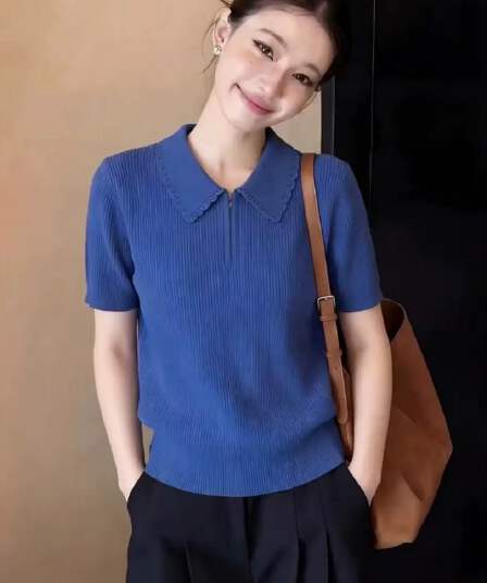 POLO 칼라 지퍼 얼음 실크 니트 반팔 티셔츠 여성 2026 여름 새로운 빅 사이즈 연령 감소 슬림해 보이는 파란색 맨위