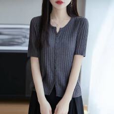 批发法式冰丝亚麻针织短袖T恤女开衫2026夏薄款坑条上衣外搭半袖小衫