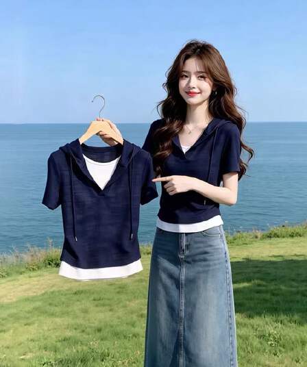2026 슈퍼 화재 여름 드레스 패션 슬림해 보이는 페이크 레이어드 배색 긍정적 인 어깨 반팔 티셔츠