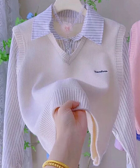 페이크 레이어드 양 플러시 스트라이프 패치워크 니트 여성 셔츠 봄 가을 새로운 캐주얼 다용도 학원 스타일 스택 착용 맨위