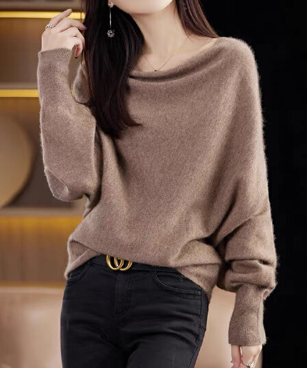 가을 겨울 새로운 흔들다 칼라 배트윙 소매 양모 스웨터 여성 디자인 센스 스웨터 루즈핏 느긋한 보트넥 니트 카디건
