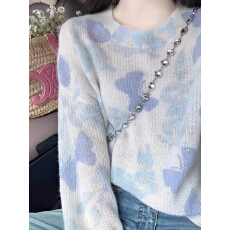 批发早秋新款针织衫渐变色蝴蝶结印花<b class='q'>打底衫</b>毛衣<b class='q'>女</b>罩衫小外搭长袖上衣