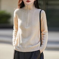 批发半高领拉链毛衣女秋冬新款慵懒风宽松显瘦百搭套头厚款针织打底衫