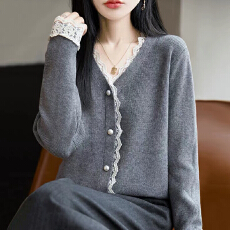 批发秋装V领蕾丝针织开衫外套女2026新款春秋外搭洋气大码女装上衣