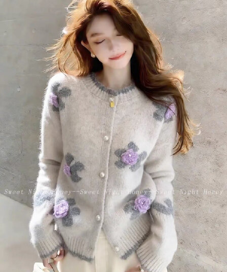 2026 달콤한 스타일 3 차원 꽃 스웨터 오픈 가디건 여성 진주 버클 니트 재킷 부드러운 루즈핏 니트 여성 코트