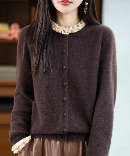 순양모 오픈 가디건 여성 프릴 라운드 넥 스웨터 배색 페이크 레이어드 재킷 스택 착용 니트 플러시 셔츠 외부 가져 가라.