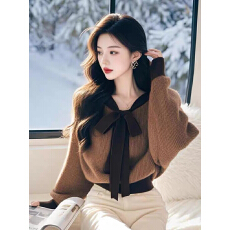 批发韩系咖色蝴蝶结系带羊绒毛衣女秋冬新款小个子短款羊毛衫<b class='q'>针织衫</b>女