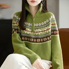 批发秋冬新款拉链半开领针织羊毛衫复古提花毛衣<b class='q'>女</b>妈妈洋气<b class='q'>大码</b>上衣