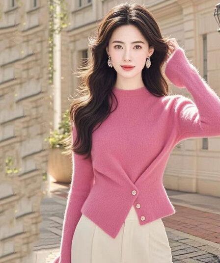 봄 가을 패션 아름다운 허리 수축 긴팔 니트 스웨터 비대칭 낭만주의 스웨터 라운드 넥 외국 가스 품격 맨위