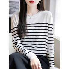 批发莱赛尔针织条纹长袖打底衫女<b class='q'>T</b><b class='q'>恤</b>2026新精纺细毛<b class='q'>黑白条纹</b>百搭毛衫