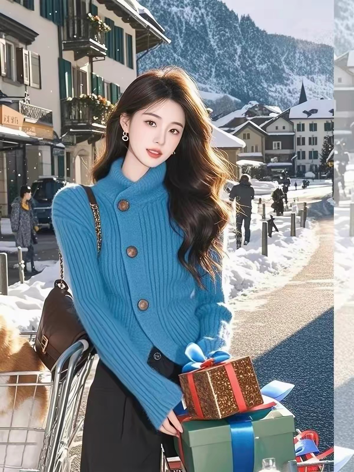공작 블루 터틀넥 스웨터 2026 년 이른 가을 새로운 가을 Chic 고급 센스 몸매 가꾸기 니트 스웨터 맨위 여성 의류