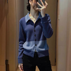 批发韩系时尚撞色针织<b class='q'>开衫</b><b class='q'>女</b>2026秋季新款翻领单排扣毛衣百搭显瘦上衣