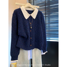 批发学院风撞色翻领针织<b class='q'>开衫</b><b class='q'>女</b>2026秋季新款宽松长袖毛衣外套蓝色上衣