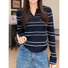 批发韩版复古条纹V领针织衫<b class='q'>女</b>2026秋季新款大码胖MM气质修身显瘦上衣
