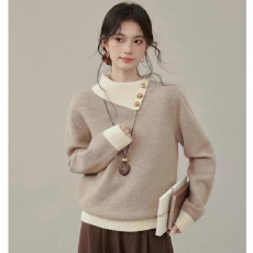 批发设计感撞色翻领针织毛衣女冬季新款甜美减龄套头长袖上衣