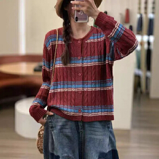 批发秋冬新款复古文艺条纹针织开衫女宽松百搭休闲<b class='q'>毛衣</b>外套上衣打底衫